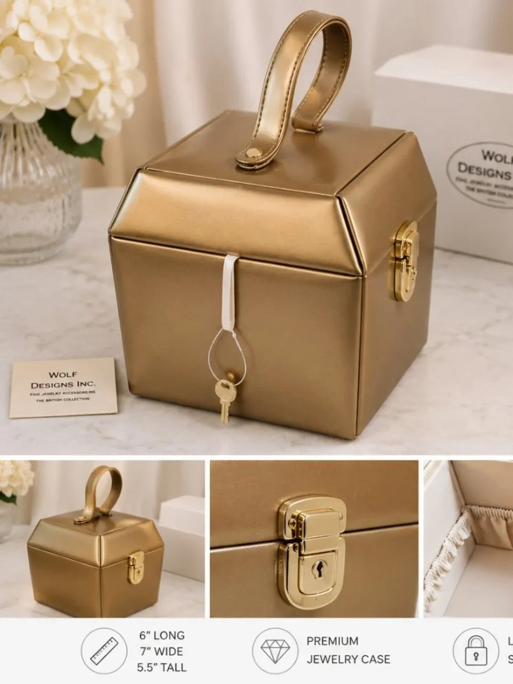 Wolf Designs Inc. Gold Locking Jewelry Case Travel Box w/ Key 6x7x5.5